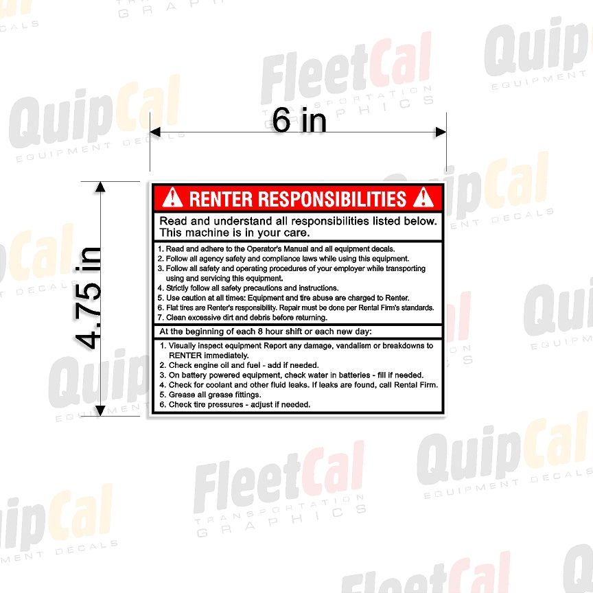 Renter Responsibility 001 (QTY 10) – Truck and Equipment Decals