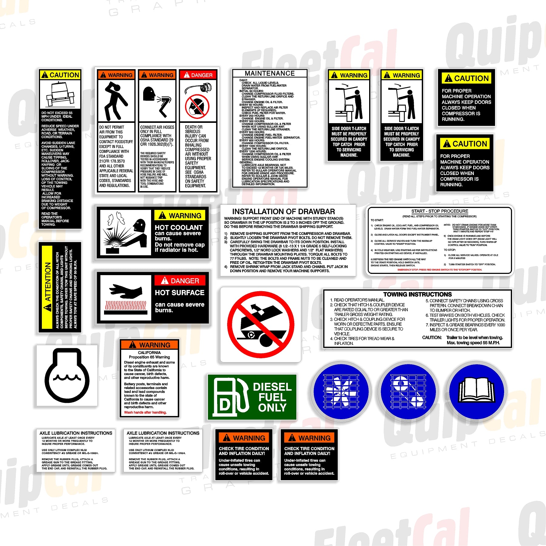 Sullair Air Compressor Safety Decal Set (sized for 185 - 250 CFM ...